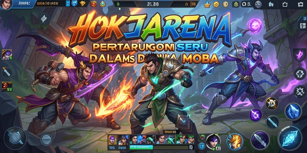 Screenshot HOKIARENA menampilkan aksi tim dalam pertempuran MOBA.