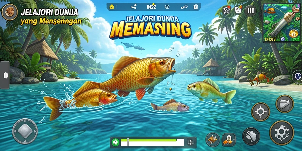 Gameplay memancing seru di IN22 dengan berbagai jenis ikan.
