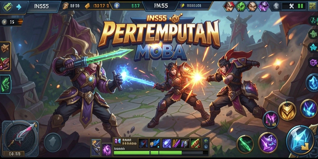 Screenshot gameplay INS55 dengan aksi MOBA yang intens.