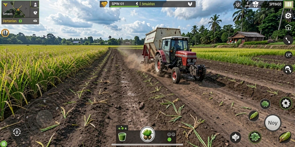 Tampilan gameplay SPIN101 dengan berbagai tanaman dan hewan.