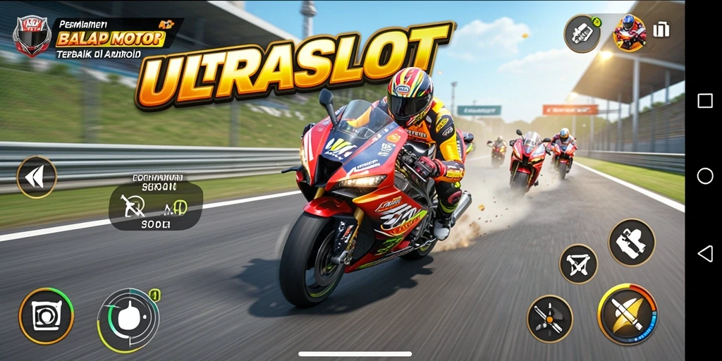 Tampilan gameplay seru di ULTRASLOT yang menghadirkan balapan motor menegangkan.
